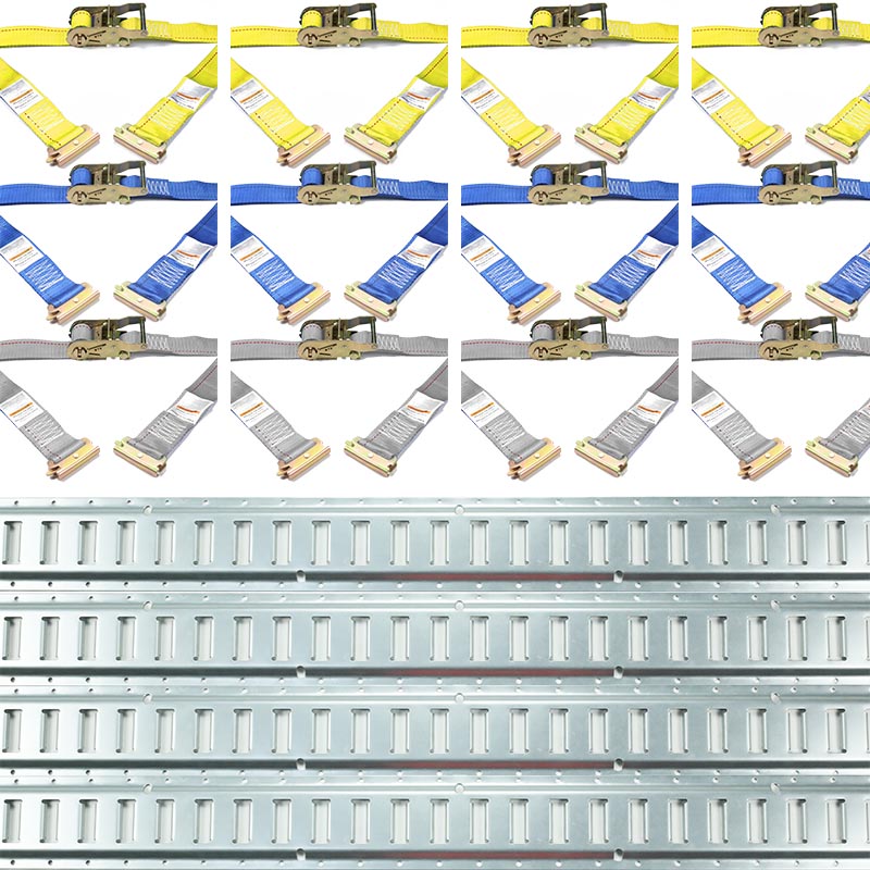 Paquete de 4 correas de trinquete con rieles galvanizados de 5 pies y kit de riel E